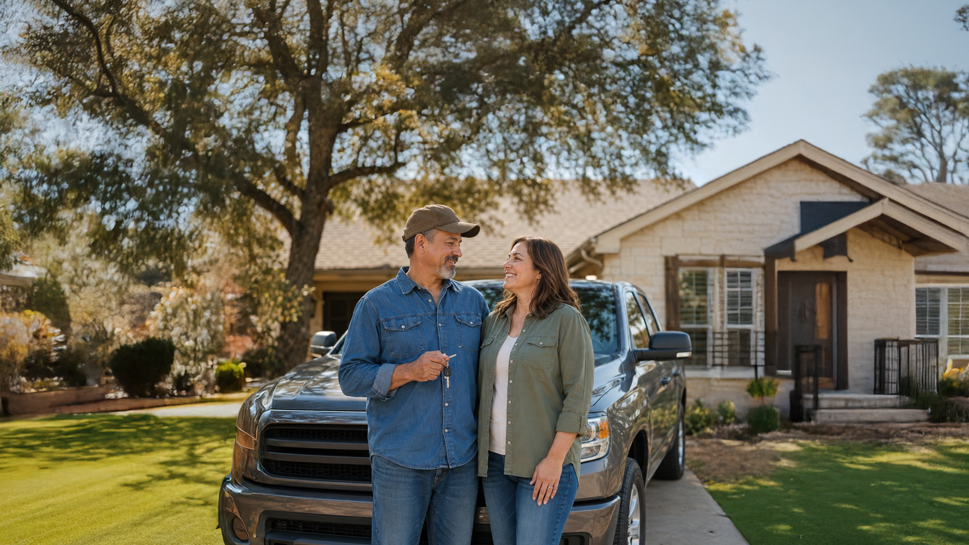 A family smiling with their new truck