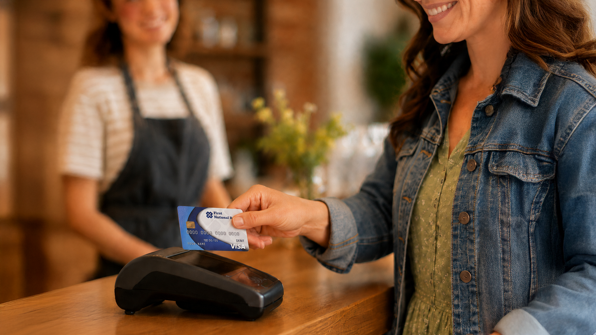 a woman using a card